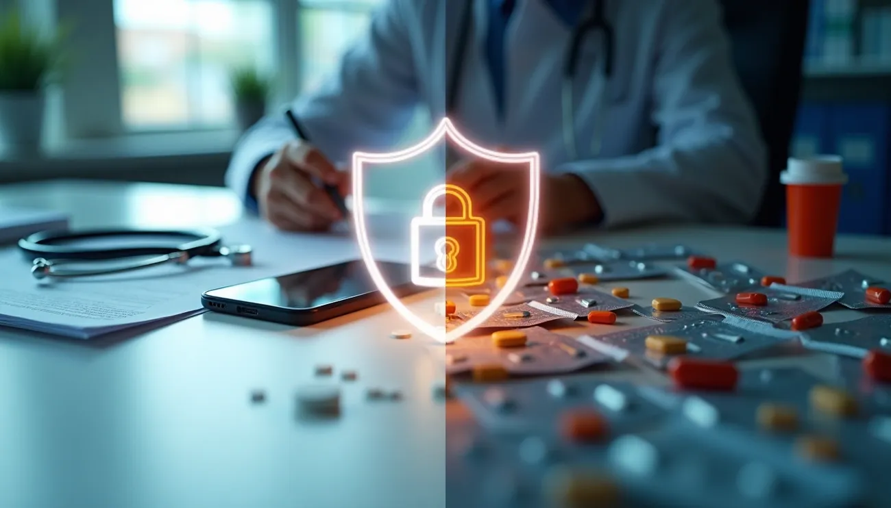 Doctor writing prescription with pills and a digital shield lock symbolizing safe online prescription drug buying.